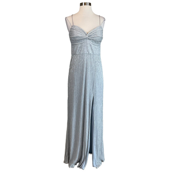 AQUA Women's Formal Dress Size 10 Silver Metallic Sleeveless Thigh Slit Gown - Picture 1 of 11